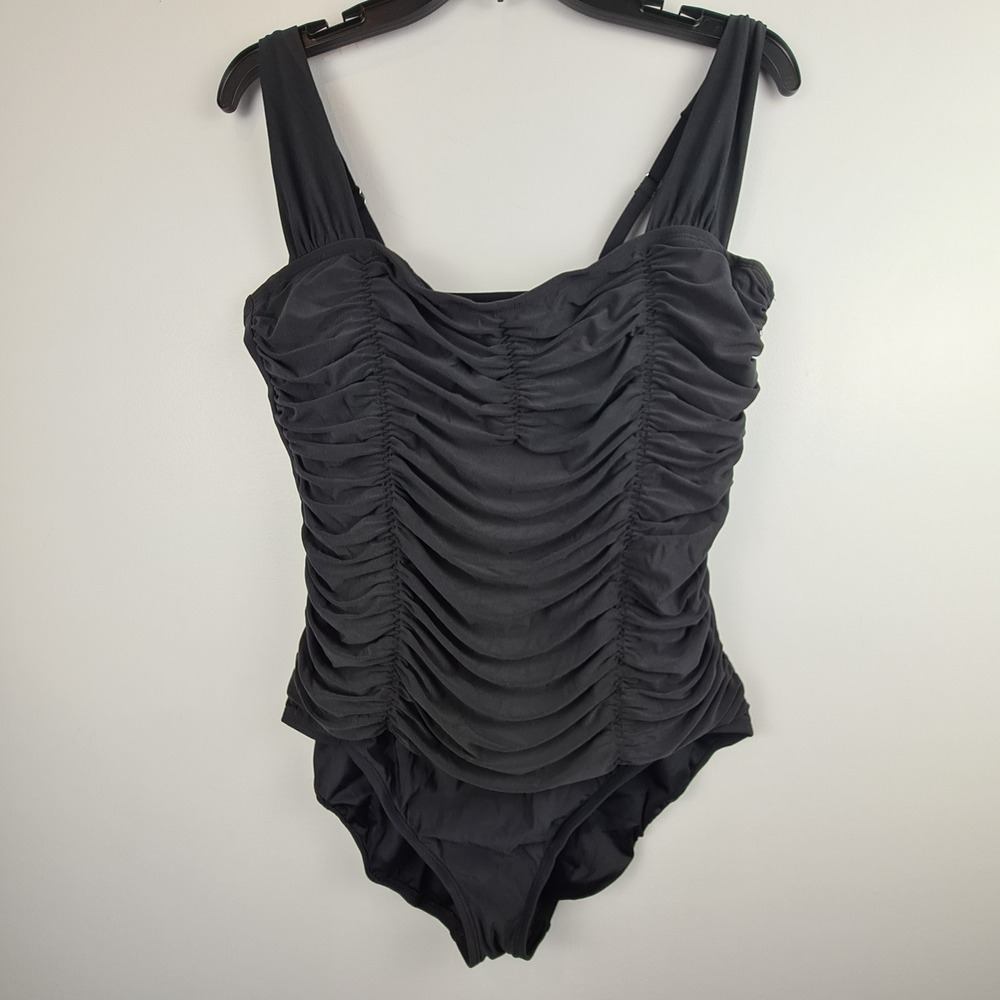 Aqua Green Womens XL Black Ruched One Piece Swimsuit Adjustable Strap Shirred